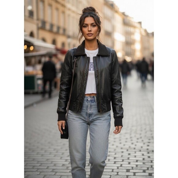 GAP Jackets & Blazers - VINTAGE Y2K GAP Black Distressed Leather Bomber Jacket | Grunge Moto Streetwear